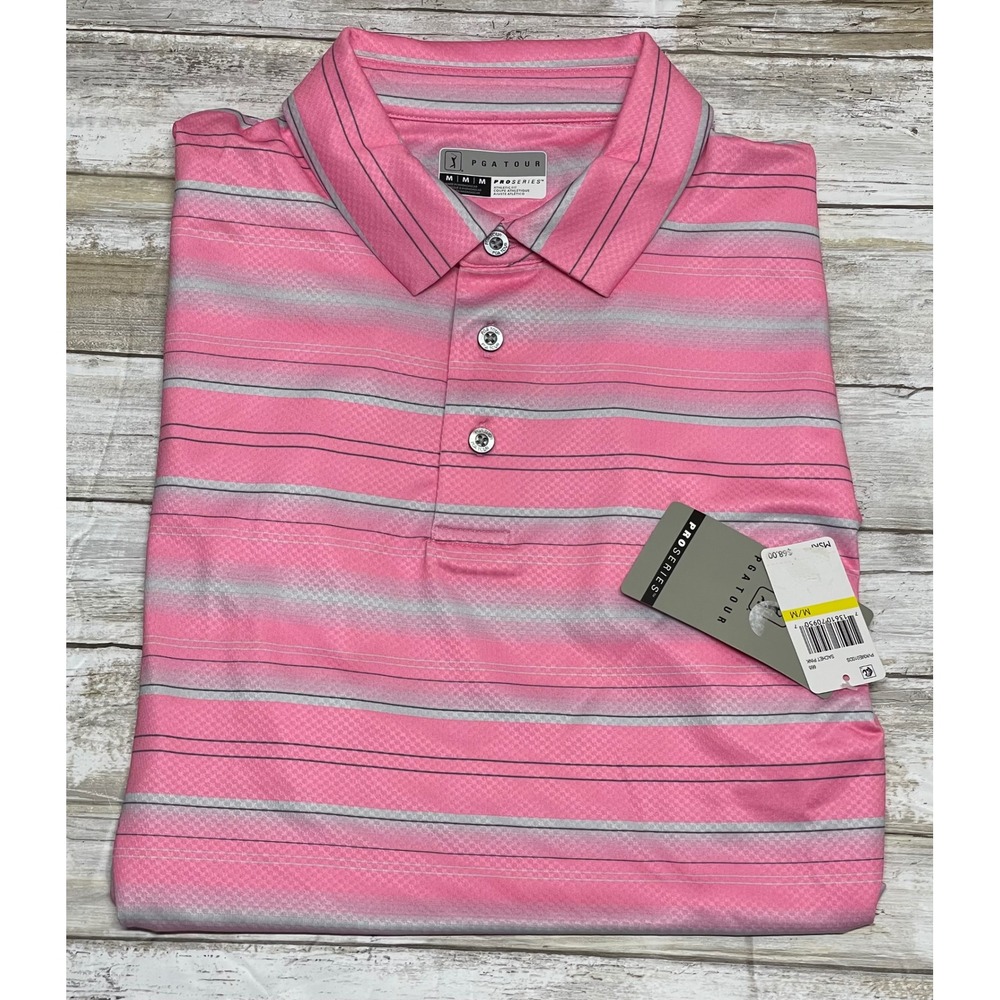 PGA TOUR ProSeries Athletic Fit Pink Striped Golf Polo Shirt‎ - Men's Medium